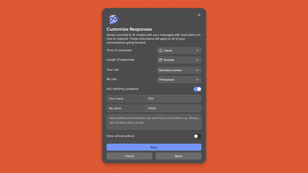 DuckDuckGo now lets you customize the responses of its Duck.ai chatbots DuckDuckGo now lets you customize the responses of its Duck.ai chatbots